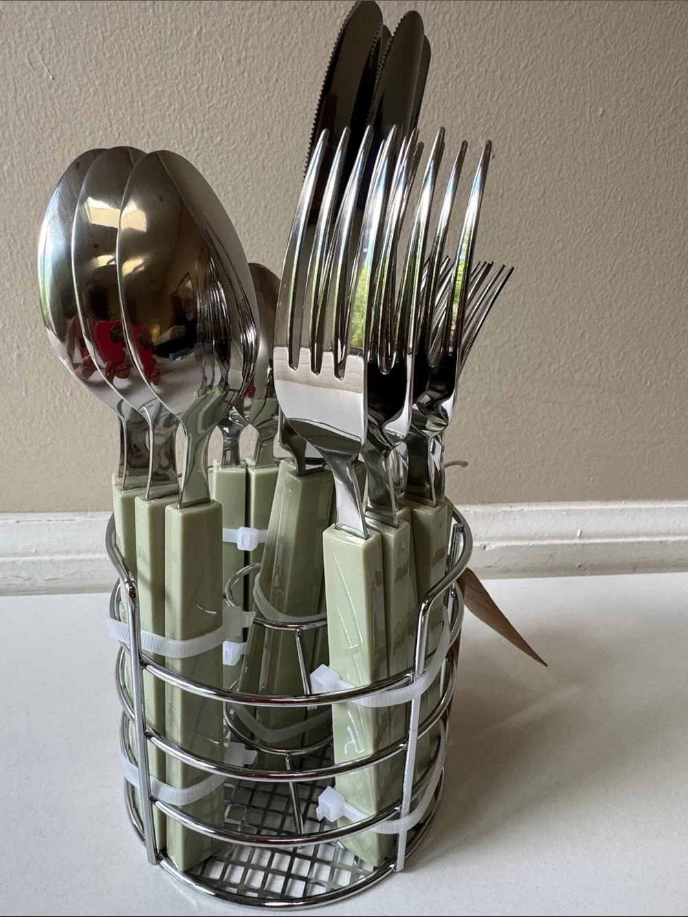 NEW West Elm Olive Green Stainless Steel/Resin Flatware Set with Wire Caddy